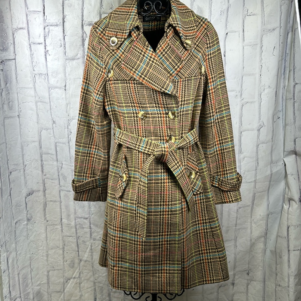 Guray Retro Style Plaid Trench Coat Double Breasted Belted Lined Wool Blend